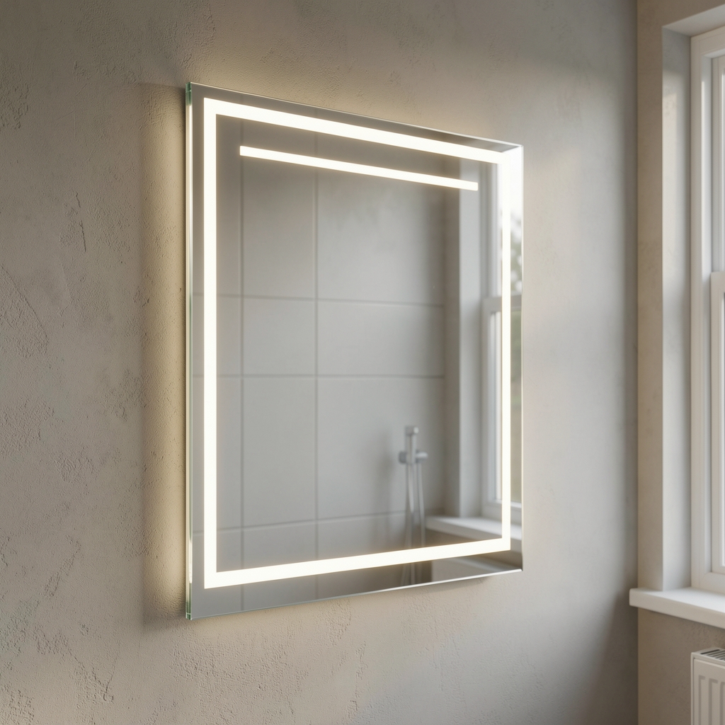 Dokunmatik kontrollü kenar LED şeritli dikdörtgen banyo aynası duvar montajı