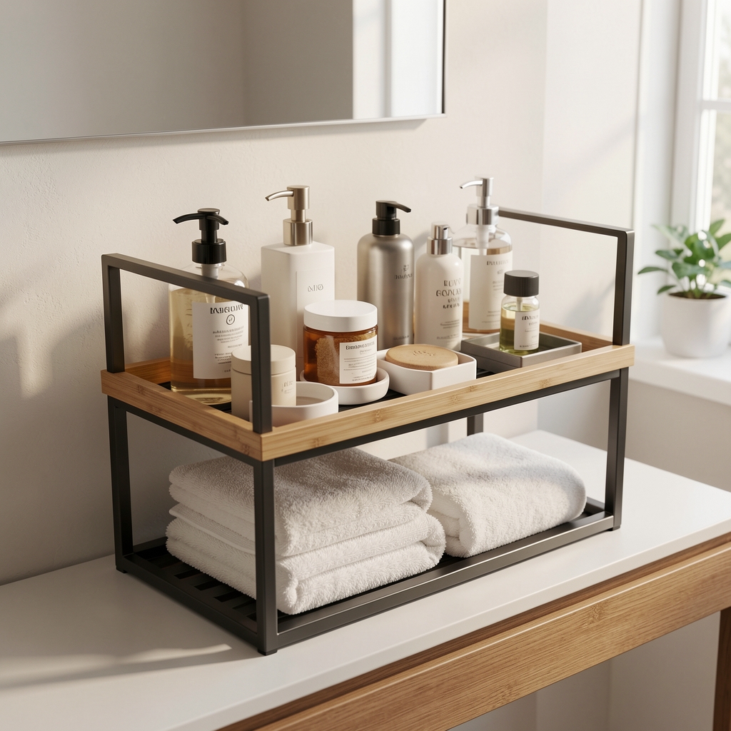 Paslanmaz çelik ve bambu malzeme kombinasyonuyla düzenlenmiş modern banyo tezgahı organizatörleri