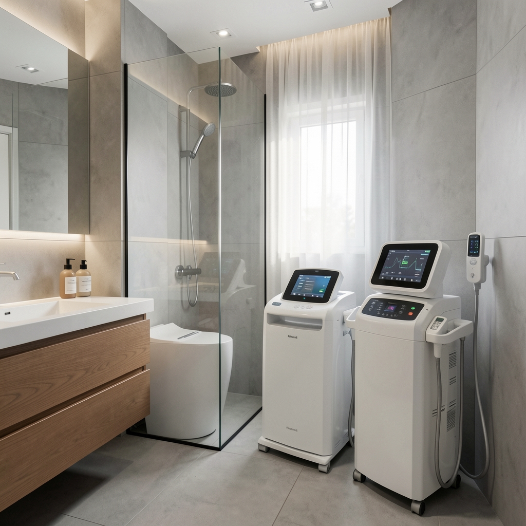 Modern banyo düzenlemesi ile akıllı elektronik bakım cihazları yerleşimi