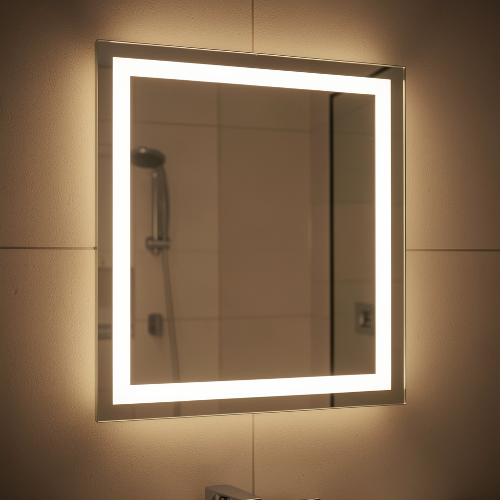 LED şerit aydınlatmalı dikdörtgen banyo aynasının yakın çekimi ve ışık renk sıcaklığı detayı