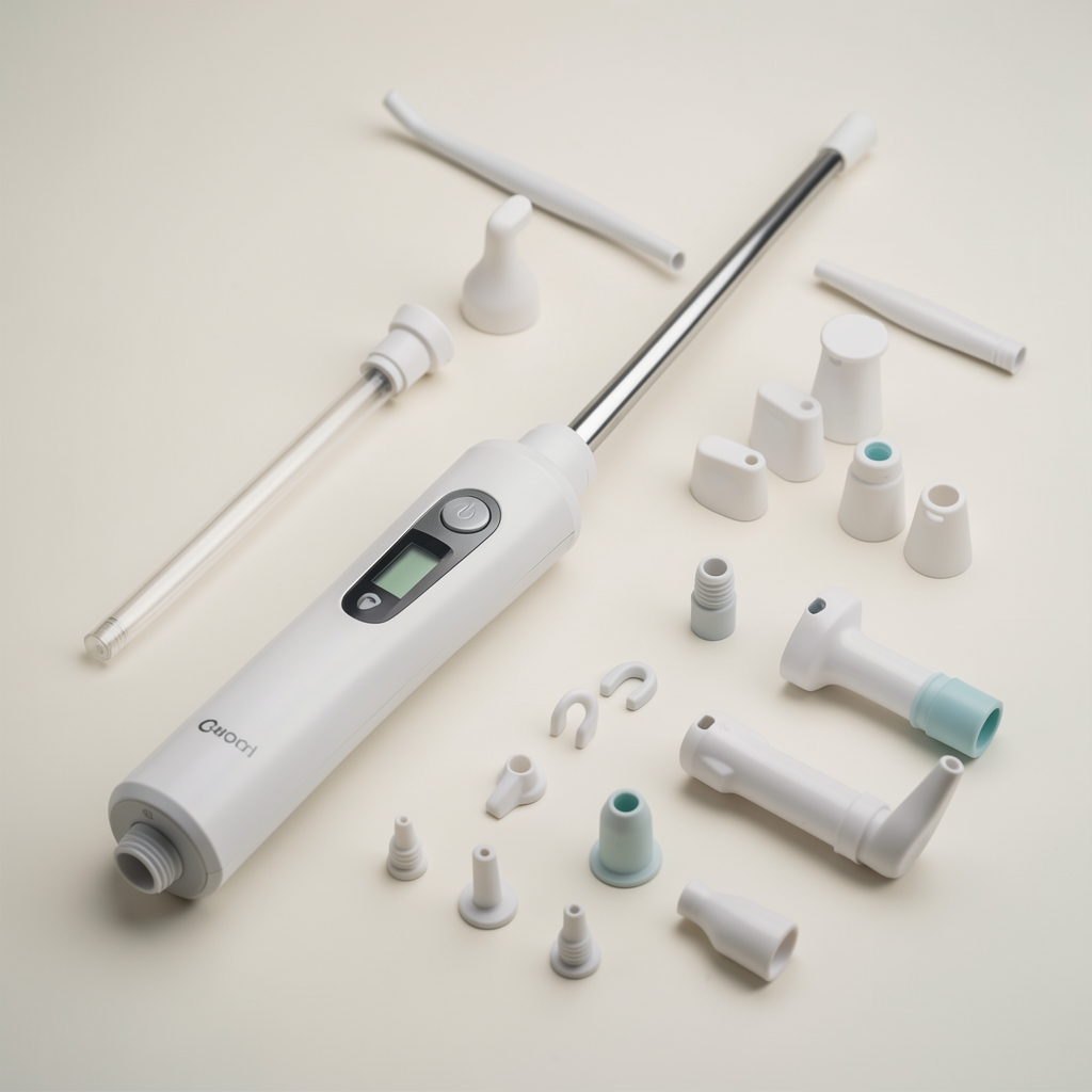 Rezervuarlı oral irrigatör cihazı ve çeşitli nozul başlıklarının düzenli yerleşimi