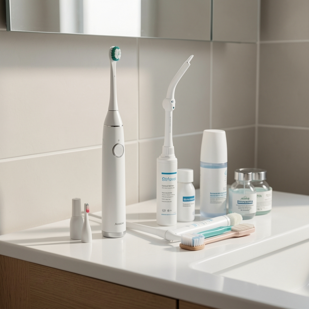 Düzenli bir banyo tezgâhında elektrikli diş fırçası, oral irrigatör ve bakım aksesuarları
