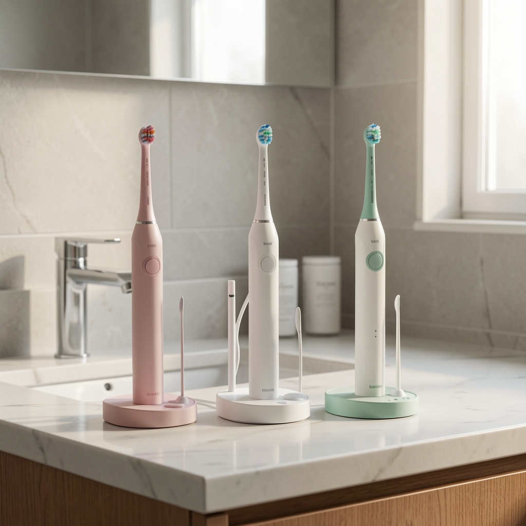 Üç farklı elektrikli diş fırçası modeli şarj standlarıyla birlikte banyo tezgâhında düzenli yerleşim