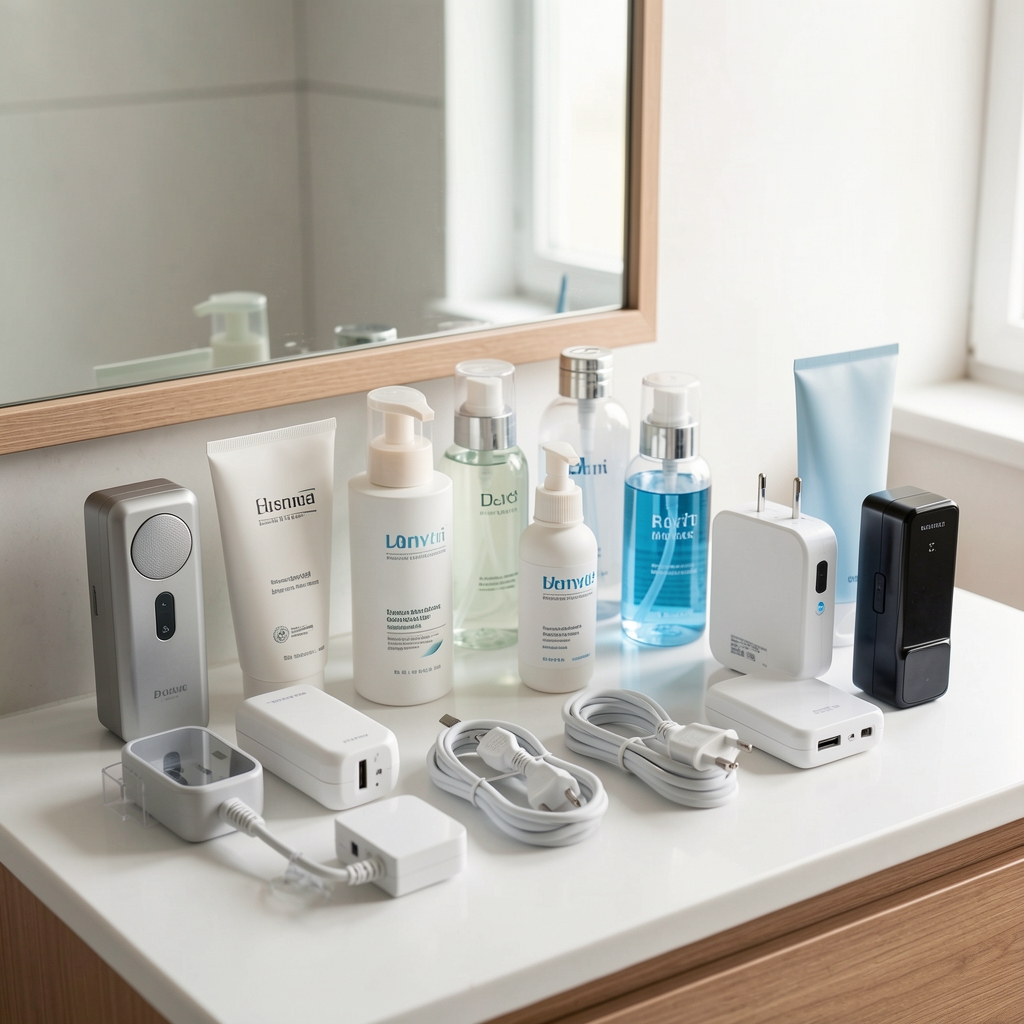 Banyo tezgâhında düzenli olarak yerleştirilmiş çeşitli elektrikli kişisel bakım ürünleri ve şarj cihazları