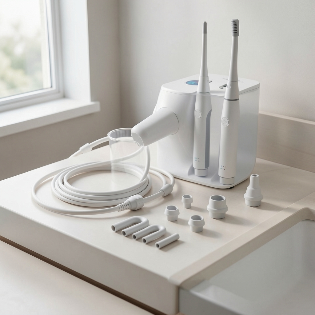 Banyo tezgâhında rezervuarlı masaüstü oral irrigatör ve birden fazla nozul başlığı düzenlemesi