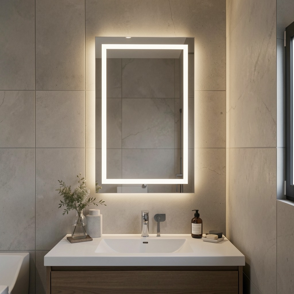 Modern banyo duvarında LED aydınlatmalı dikdörtgen ayna