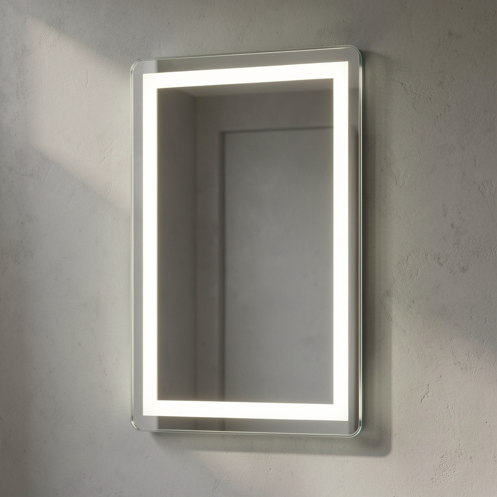 Dokunmatik kontrol panelli ve buğu önleyici özellikli dikdörtgen LED banyo aynası montaj görünümü