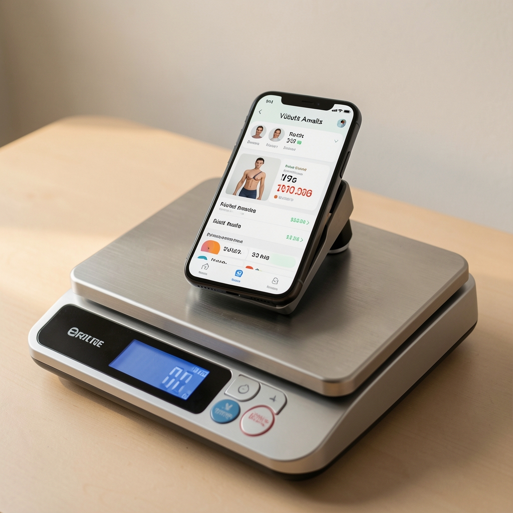 Cam platform dijital terazi ve akıllı telefon uygulaması ekranında vücut analiz verileri