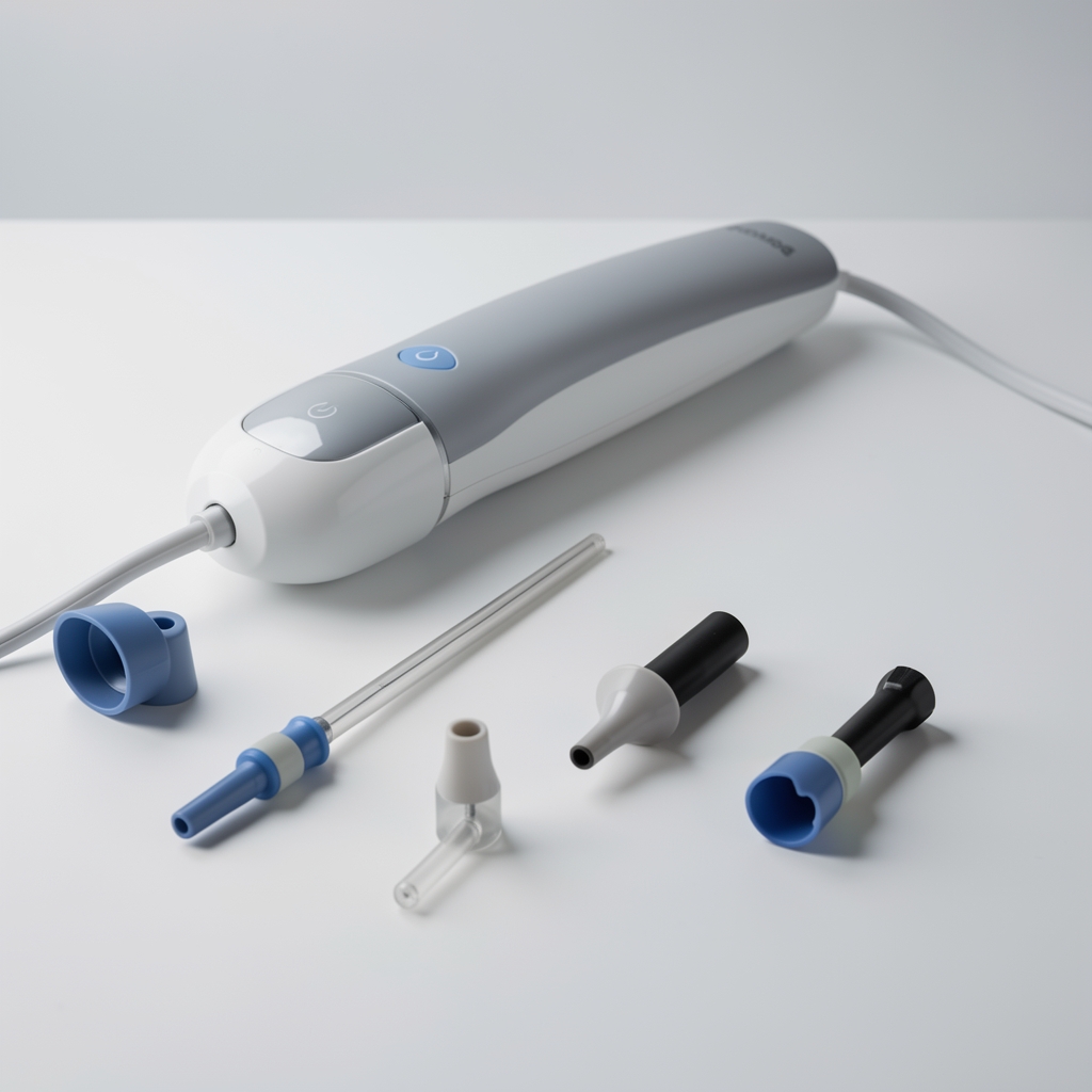 Masaüstü oral irrigatör cihazı ve farklı nozul başlıkları teknik karşılaştırma düzenlemesi