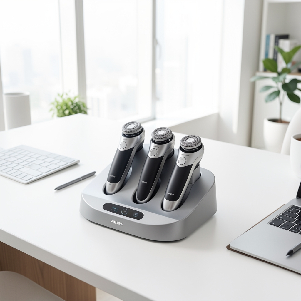 Philips S9000 döner üç kafalı tıraş makinesi ve şarj standı üst görünüm